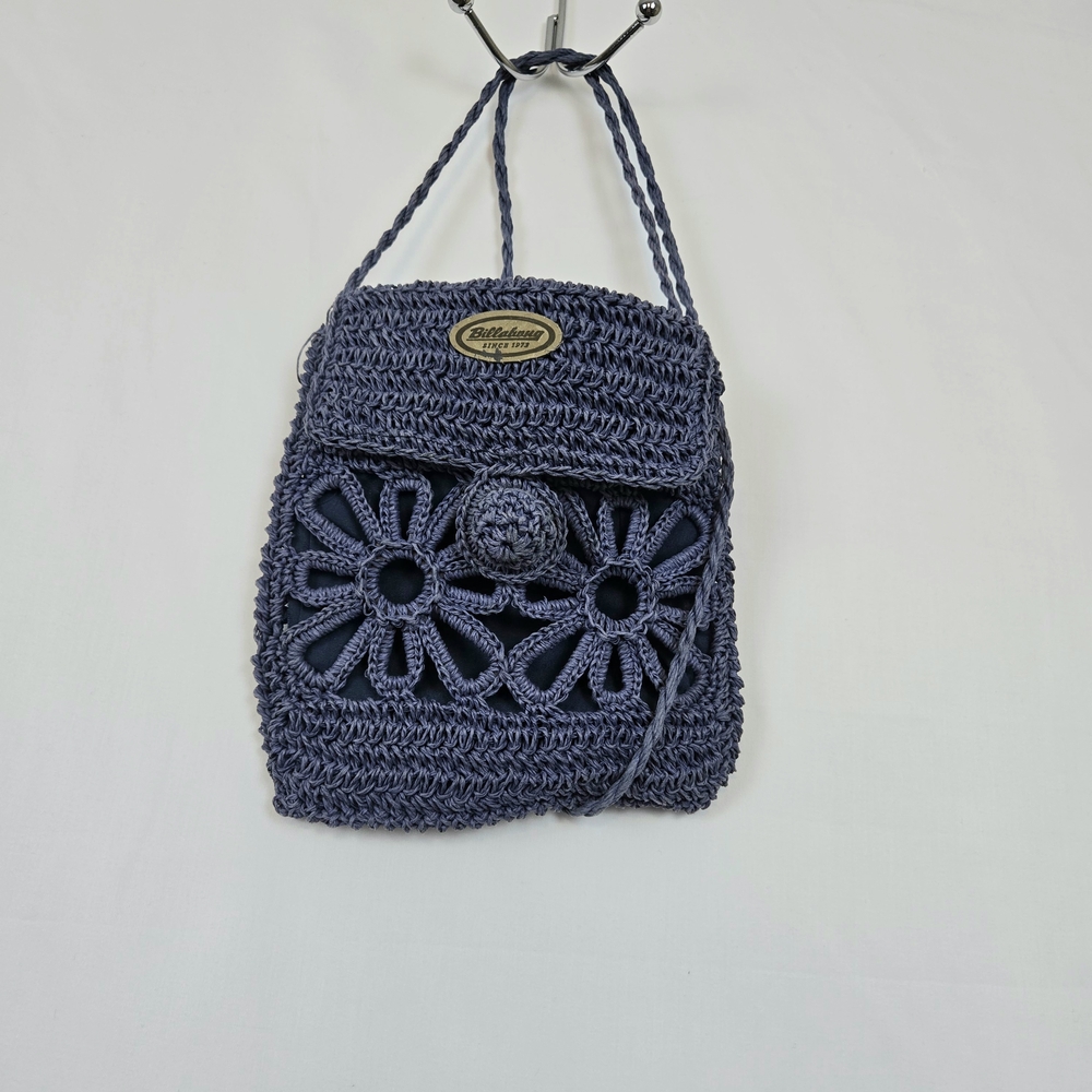 Billabong Women Blue Floral Cellulose Straw Crocheted Boho Crossbody Vintage 90s
